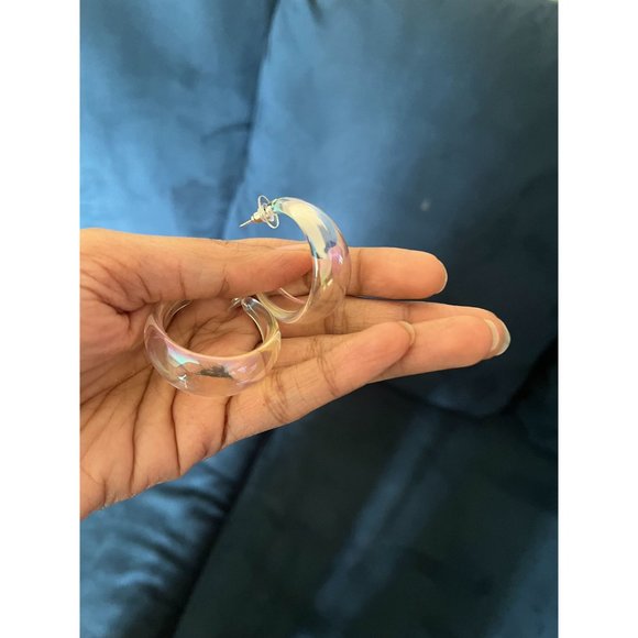 Chunky Clear Acrylic hoop earrings long white ice large holographic  iridescent - Picture 6 of 7